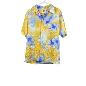 Vintage Pomare Hawaii Aloha‎ Shirt Men’s M Yellow Blue Hibiscus Floral